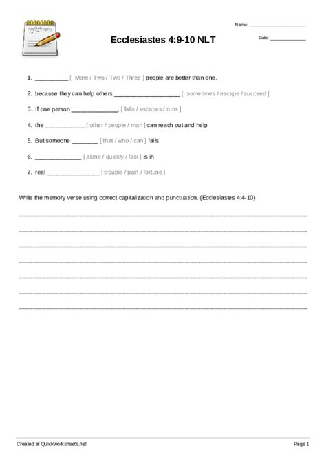 Ecclesiastes 49 10 Nlt Fill In The Blank Sentences Worksheet