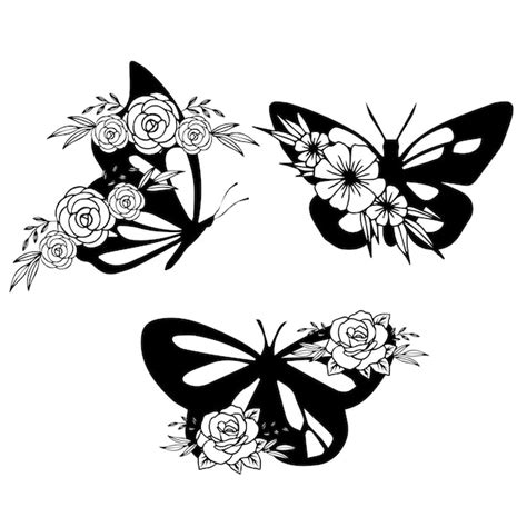 Une Conception De Tatouage De Papillon Et De Fleurs Vecteur Premium