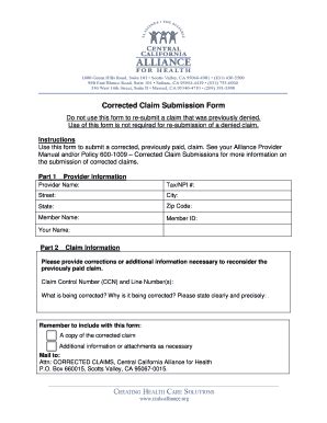 Fillable Online Ccah Alliance 600 1009 Corrected Claim Submission Form