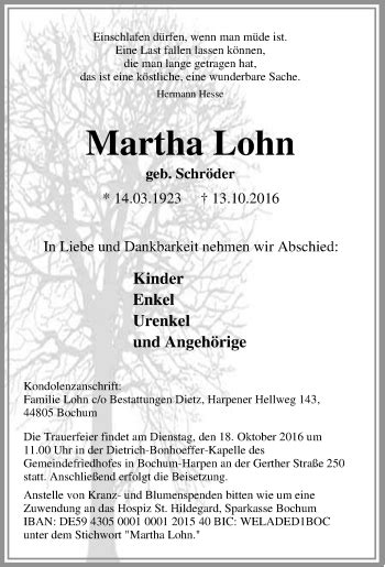 Traueranzeigen Von Martha Lohn Trauer In Nrw De