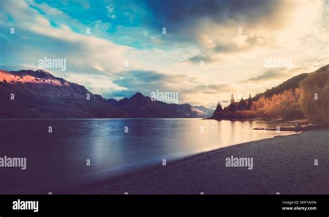 Sunset At Lake Wakatipu Queenstown New Zealand Landscape Stock Photo