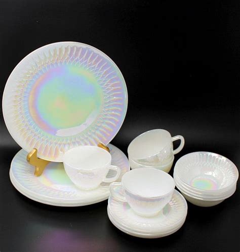 Federal Glass Iridescent Moonglow Pattern 12 Piece Set Of Etsy Glass Dinnerware Moon Glow