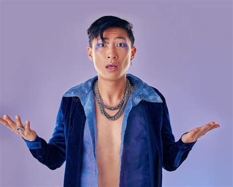 Shock Surprise And Gay Man With Makeup In Studio On A Purple