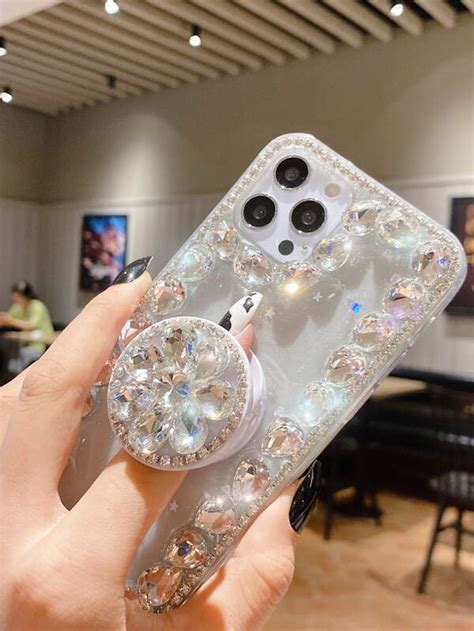 Rhinestone Decor Phone Case With Stand Out Phone Grip Shein Usa