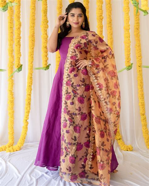 Purple Flared Dress With Organza Dupatta Set Of Two By Athira Designs The Secret Label