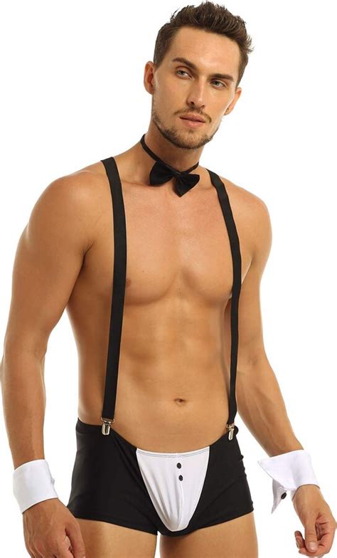 Doomiva Mens Sexy Bow Tie Tuxedo Boxer Briefs With Y Back Suspender