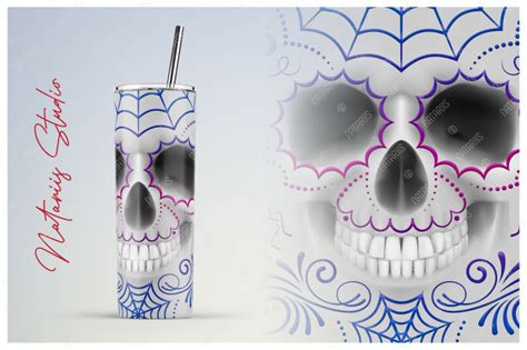 2 Elegant Sugar Skulls Sublimation Designs 20oz Skinny Tumbler By