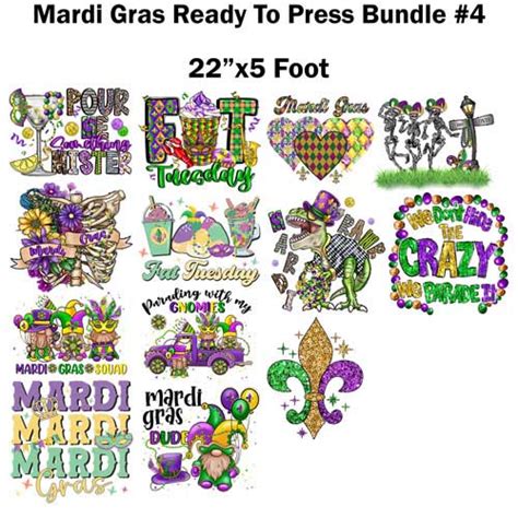 Mardi Gras Ready To Press Transfer Bundle 4 Sublimation Or Dtf 22×5 Foot Roll Heat Transfer