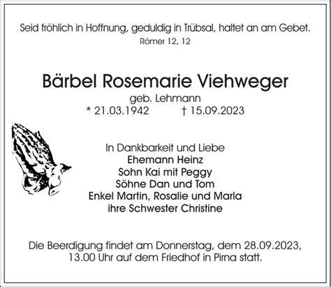 B Rbel Rosemarie Viehweger Traueranzeige S Chsische Zeitung