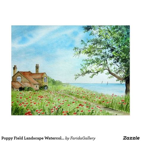 Poppy Field Landscape Watercolor Painting Postcard | Zazzle ...