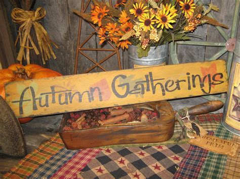 Primitive Fall Sign Autumn Gatherings Wood Wall Decor Leaves