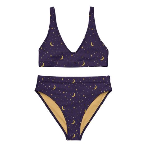 Mystical Moon Stars High Waisted Bikini Set Nautical Recycled Bikini Gothic Swimsuit Eco