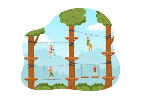 Premium Vector Zip Line Illustration With Visitors Walking On An