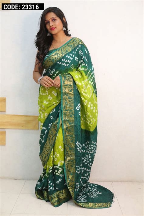 Parrot Green And Green Color Bandhej Silk Saree With Zari Weaving Work