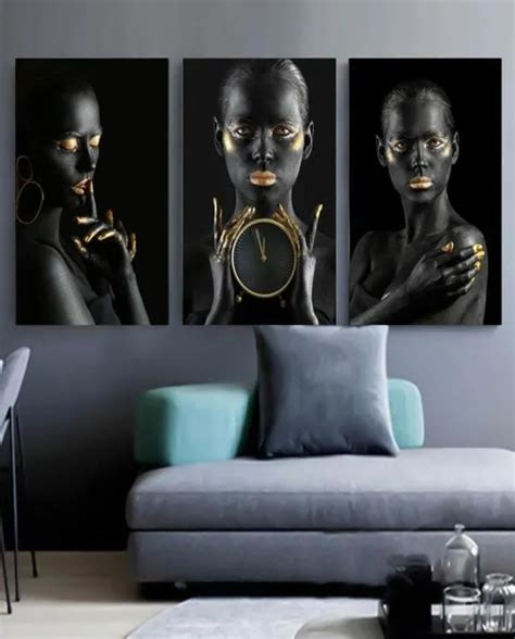 African Art Oil Painting On Canvas Black Gold Nude Scandinavian Wall