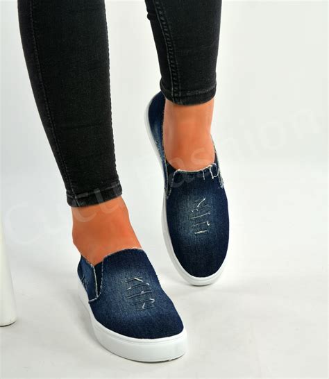 New Womens Denim Canvas Slip On Flat Trainers Ladies Casual Pump Shoes Size Uk Ebay