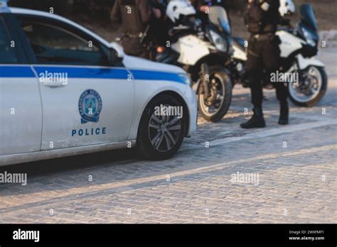 Hellenic Police With Greek Police Logo Emblem On Uniform Greek