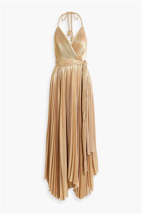 Alice And Olivia Arista Pleated Lamé Halterneck Maxi Dress In Almond Modesens