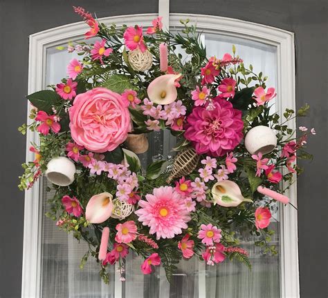 Pink Floral Wreath Front Door Wreath Floral Wreath Spring Etsy Spring Wreath Wreaths