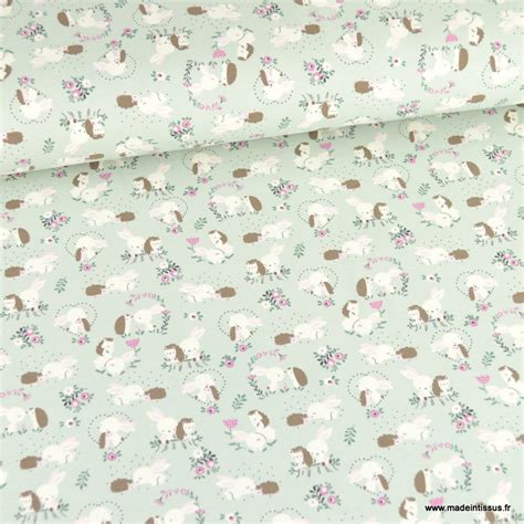 Tissu Jersey Motif H Rissons Lapins Et Fleurs Fond Menthe Oeko Tex