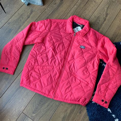 Obey Pink Light Weight Quilted Jacket Size Medium Depop