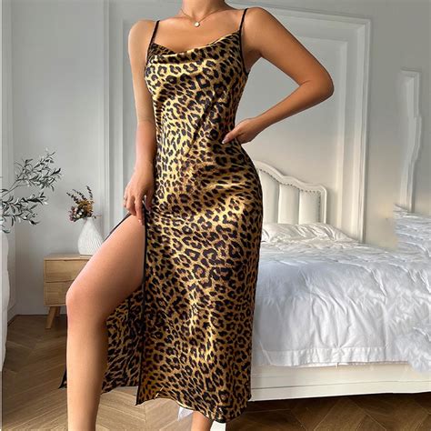 TUWABEII Women S Silk Stain Lingerie Set Faux Leopard Print Pajamas