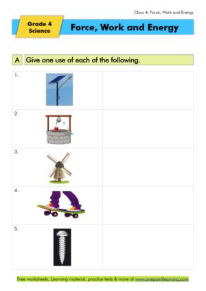 Force Work And Energy Worksheets Class 4 PDF With Answers