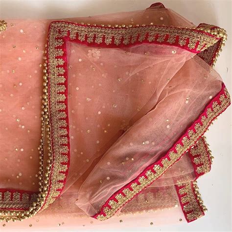 Bridal Peach Stone Velvet Embroidered Net Dupatta Anokherang Bridal