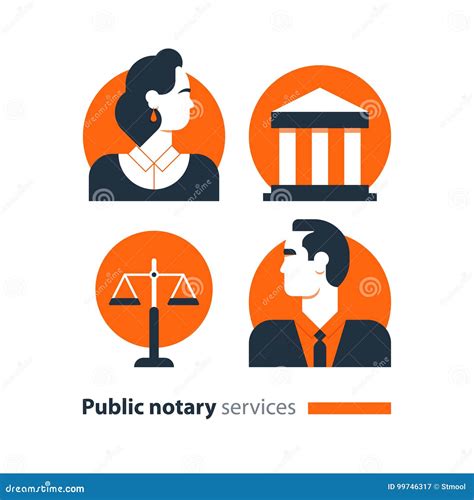 Public Notary Services Icons Set Law Firm Man Advocacy Consult