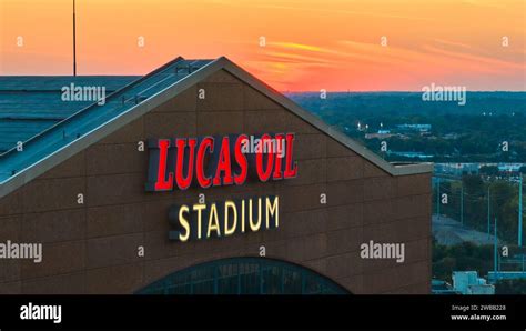 Aerial Twilight At Lucas Oil Stadium Close Up With Urban Sunset Stock