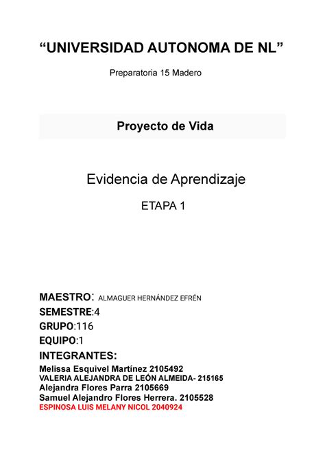 Vdl Etapa Proyecto De Vida Universidad Autonoma De Nl