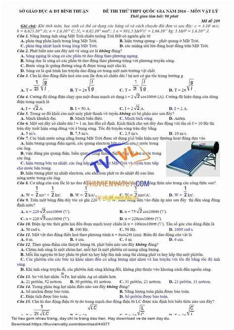 docx Thi thử THPT QG Vật Lý 2016 Bình Thuận Thư Viện Vật Lý