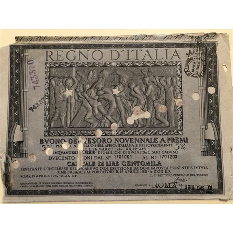 1942 04 Buono Del Tesoro Novennale A Premi 5 Lire 100000 Roma