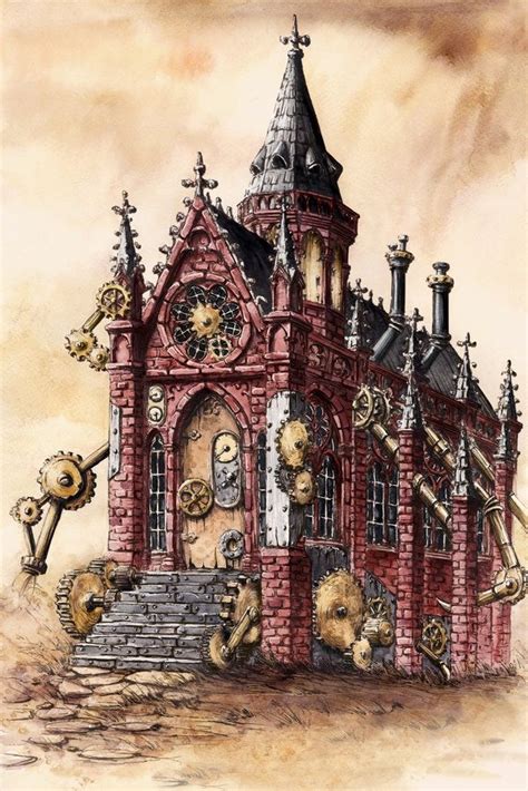 Gothic And Steampunk Style Architecture With Ink And Watercolor