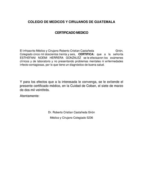 Certificado Medico Ejemplo Colegio De Medicos Y Cirujanos De