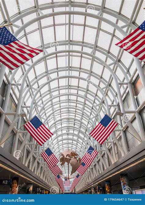 American Flags Decorations in Ohare Airport Editorial Photography