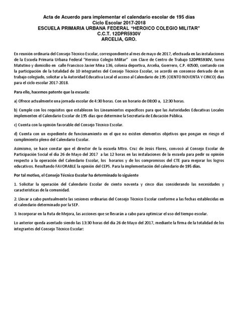 Acta De Acuerdo Para Implementar El Calendario Escolar De 195 Días