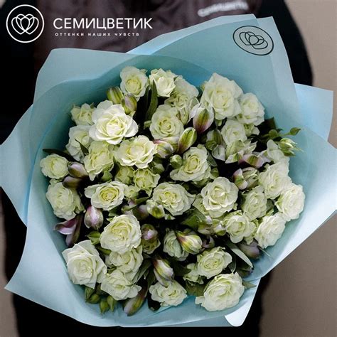 Букет из 10 белых кустовых роз и 7 розовых альстромерий в голубой ...