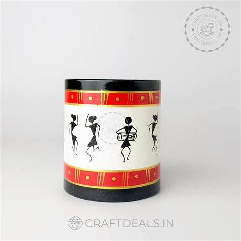 Wooden Pen Stand For Office | Handcrafted Pen Holder | Warli Art