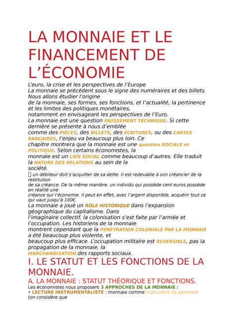 LA Monnaie ET LE Financement LA MONNAIE ET LE FINANCEMENT DE L