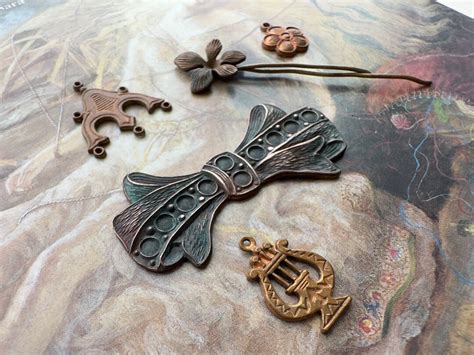 5 Vintage Art Nouveau Bow Flower Old Solid Brass Pendants Pieces Findings Stampings For Necklace