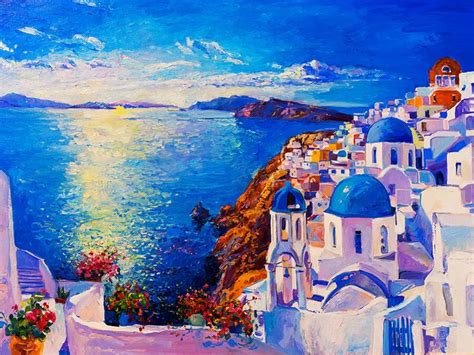 An Oil Painting Of A Town By The Sea With Blue Domes And White