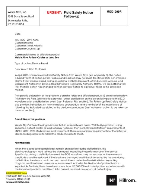 Fillable Online Urgent Field Safety Notice Follow Up Fax Email Print