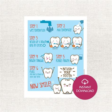 Brush Your Teeth Steps Printable Chart: Cute How to Brush Your Teeth ...