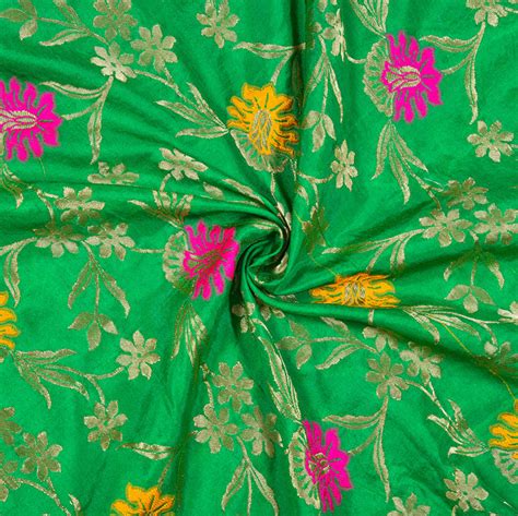 Buy Green Pink And Golden Floral Satin Brocade Silk Fabric For Best