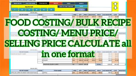 Food Costing Professional Format For Costing Menu Costing Menu