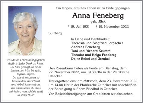 Traueranzeigen von Anna Feneberg Allgäuer Zeitung