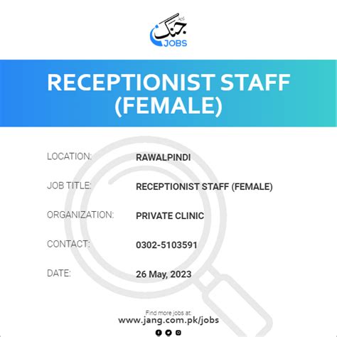 Receptionist Staff Female Job Private Clinic Jobs In Rawalpindi