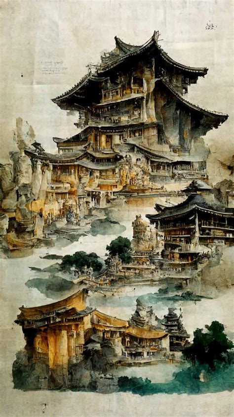 Watercolor Painting Of Old Chinese Houses Architecture Painting