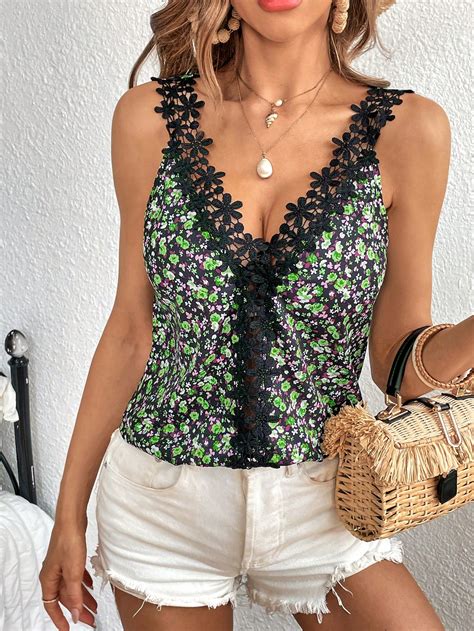 SHEIN VCAY Ditsy Floral Print Guipure Lace Trim Tank Top SHEIN USA